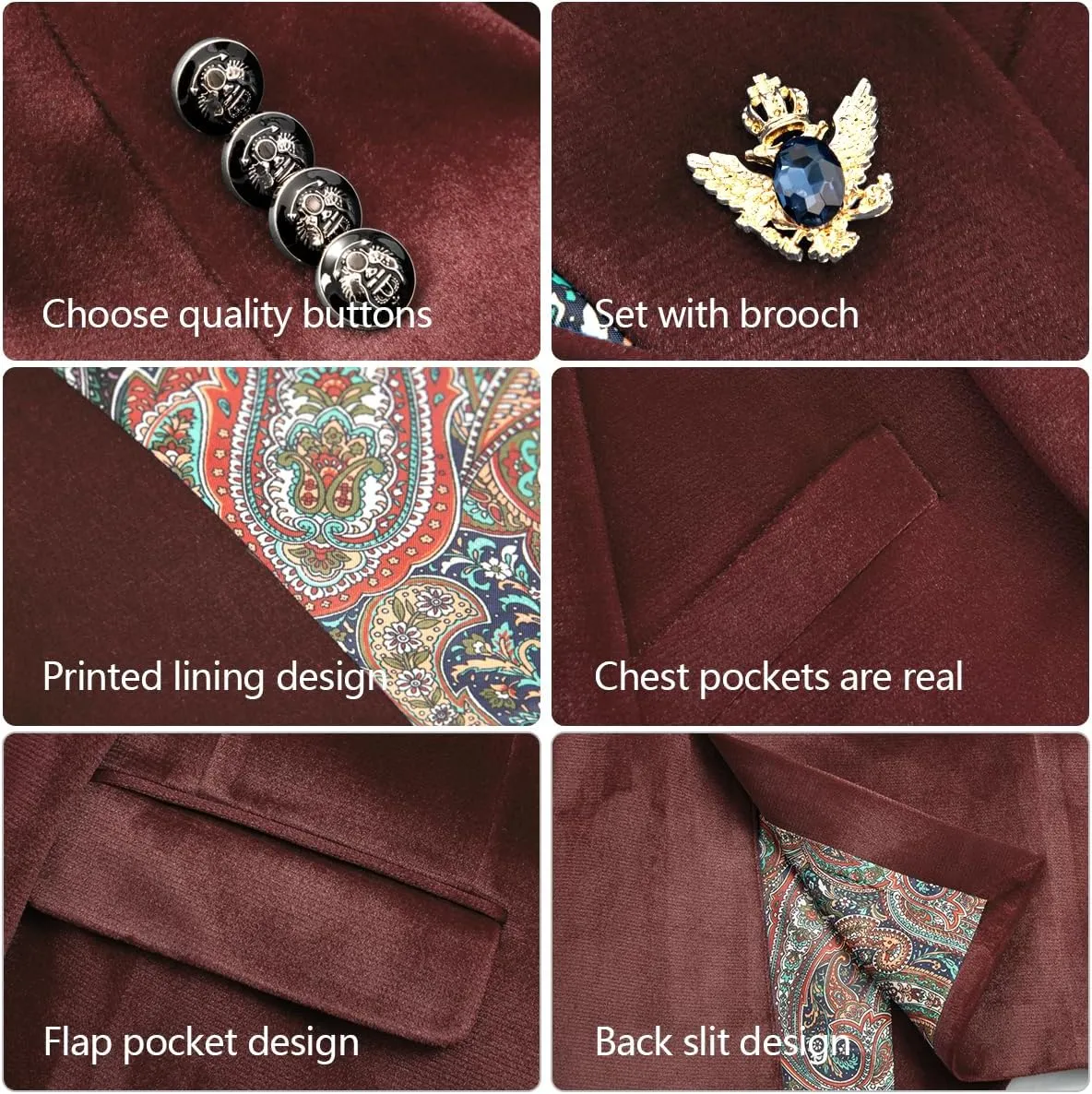 Men's Velvet Blazer for Casual Men's Blazer one-Button Lapel Tuxedo with Brooch Dinner Party Wedding Prom Party