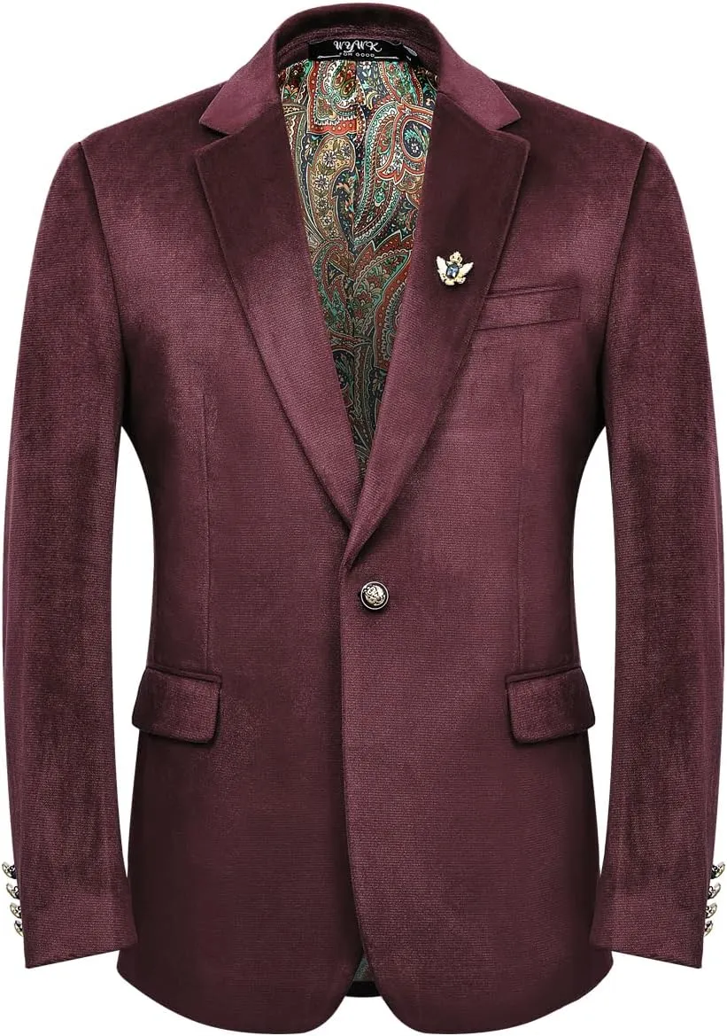 Men's Velvet Blazer for Casual Men's Blazer one-Button Lapel Tuxedo with Brooch Dinner Party Wedding Prom Party