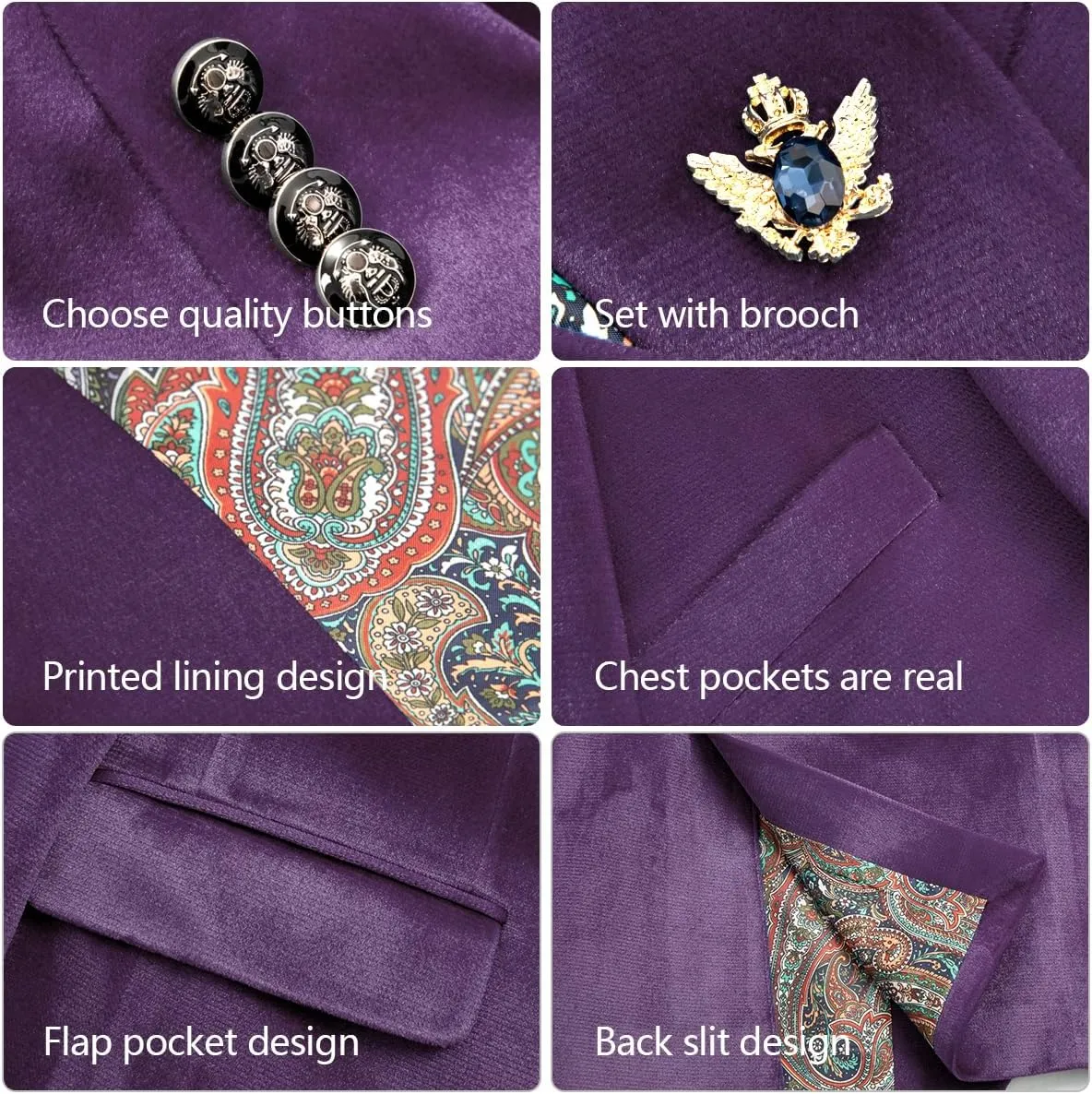 Men's Velvet Blazer for Casual Men's Blazer one-Button Lapel Tuxedo with Brooch Dinner Party Wedding Prom Party