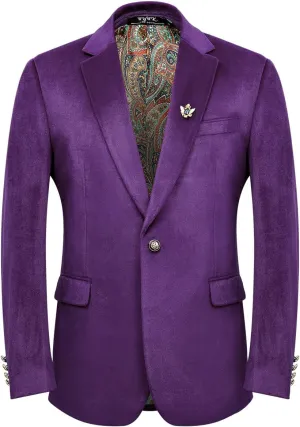 Men's Velvet Blazer for Casual Men's Blazer one-Button Lapel Tuxedo with Brooch Dinner Party Wedding Prom Party