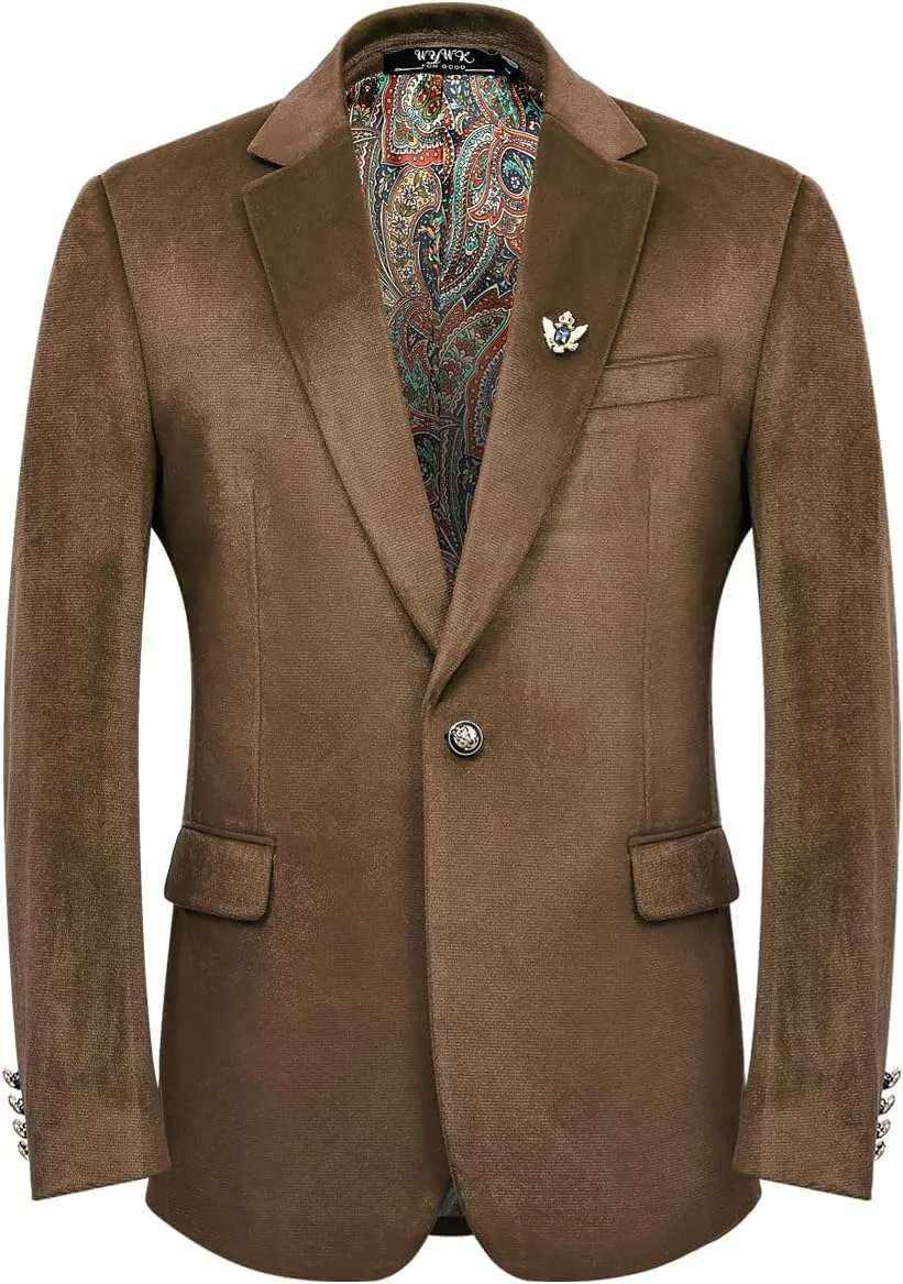 Men's Velvet Blazer for Casual Men's Blazer one-Button Lapel Tuxedo with Brooch Dinner Party Wedding Prom Party