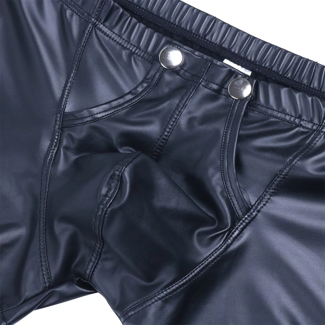 Mens Wet Look Faux Leather Boxer Shorts Briefs Underwear Underpants with Buckled Bulge Pouch Clubwear
