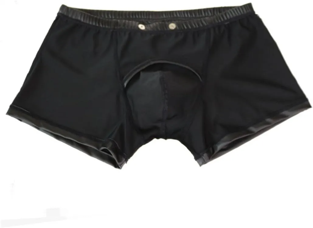 Mens Wet Look Faux Leather Boxer Shorts Briefs Underwear Underpants with Buckled Bulge Pouch Clubwear