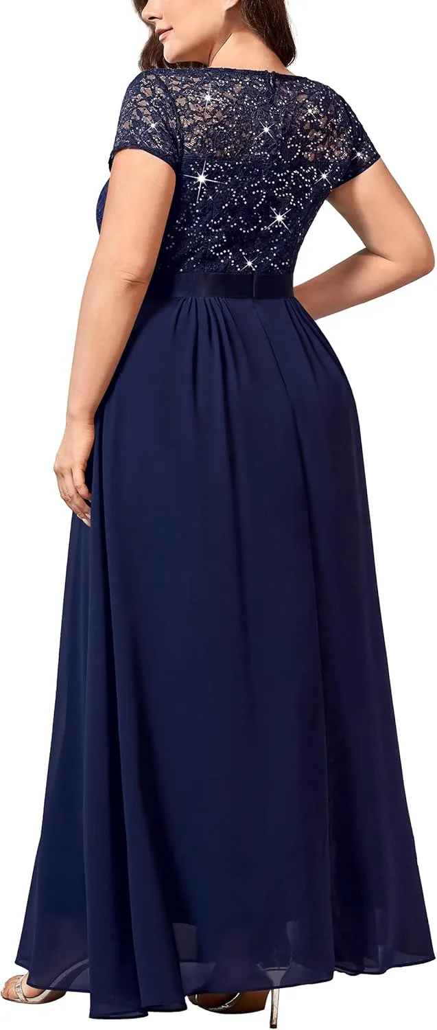 Miusol Women's Plus Size Sequin Floral Lace V Neck Formal Bridesmaid Evening Party Flowy Maxi Dress