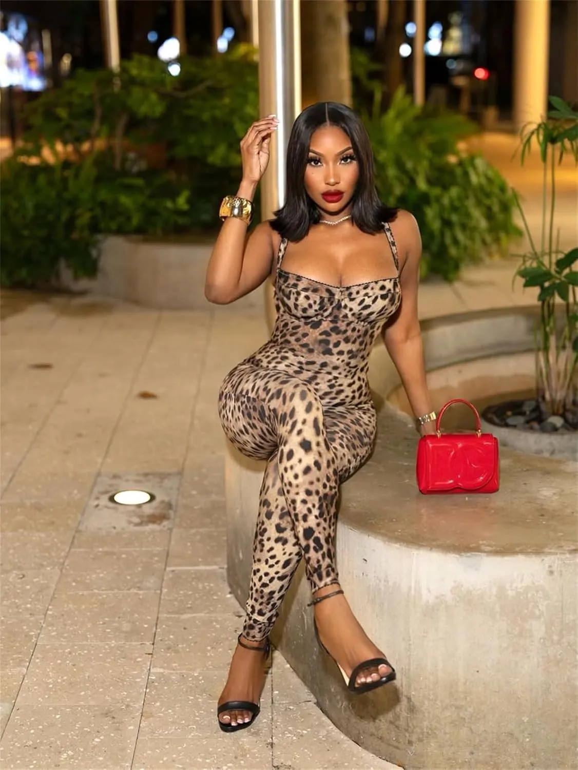 Molilove Women's Cheetah Bodycon Jumpsuit Sexy Sleeveless Leopard Print One Piece Set Stretch Club Jumpsuits Party Wear