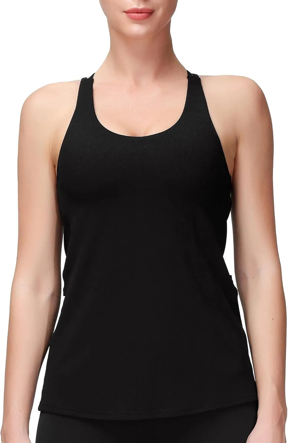 MotoRun Women's Workout Tank Tops Built in Bra Strappy Athletic Yoga Top Open Back Athletic Flowy Shirts Activewear for Women