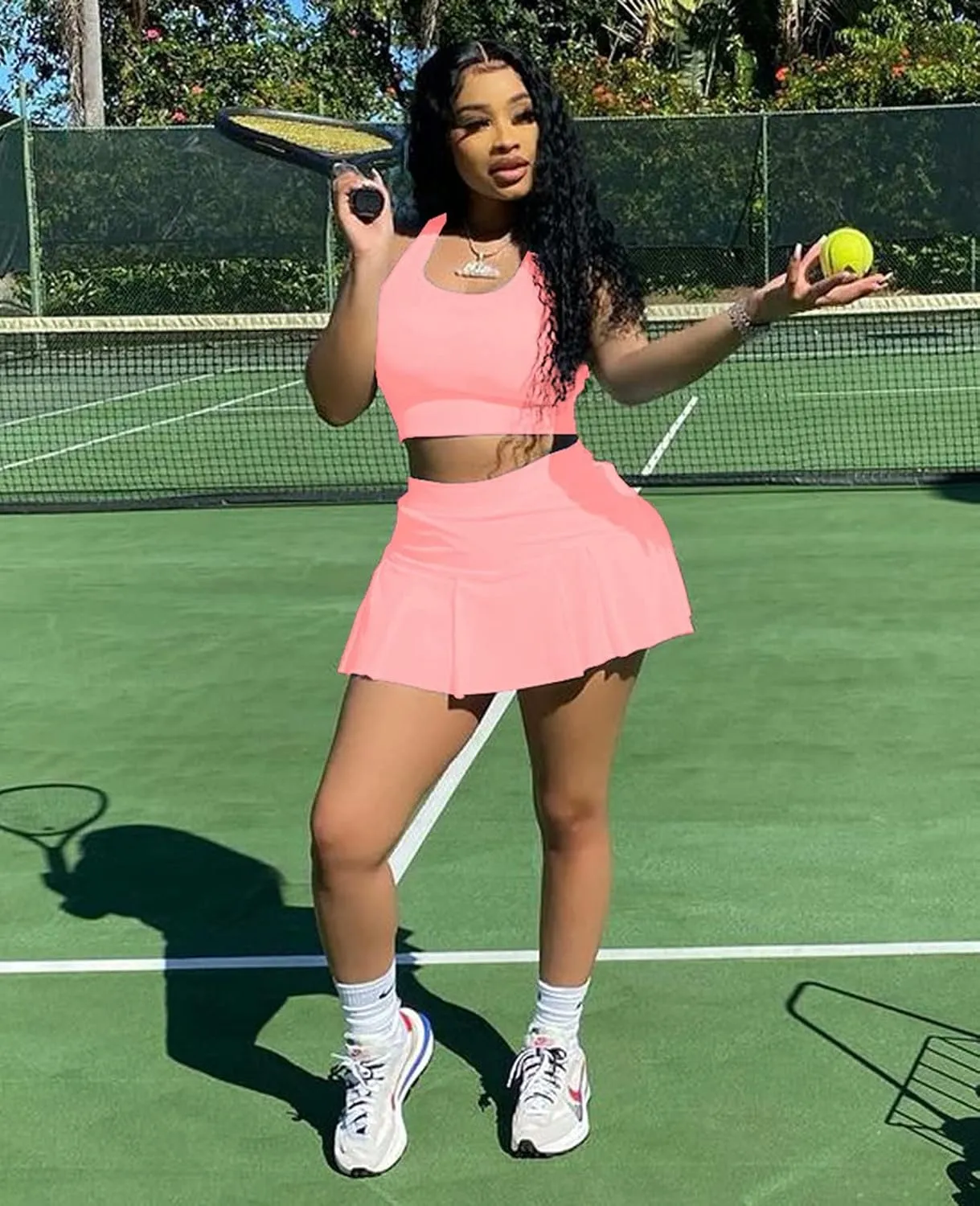 Neyaolk Womens Casual Outfits Athletic Activewear - Fitted Sleeveless Crop Top Pleated Tennis Skorts Skirts Set Tracksuit