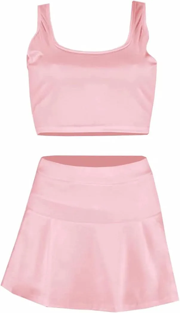 Neyaolk Womens Casual Outfits Athletic Activewear - Fitted Sleeveless Crop Top Pleated Tennis Skorts Skirts Set Tracksuit