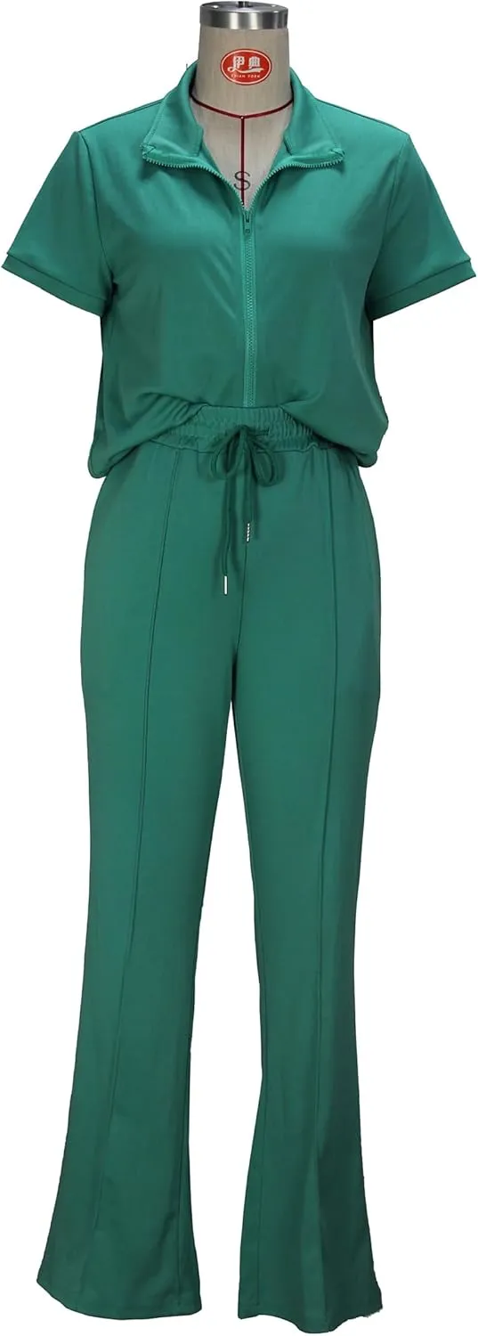 OCEANLUX Women's Lounge Tracksuit Set Two Piece Full Zip Up Short Sleeve Jacket & Drawstring pants Outfits