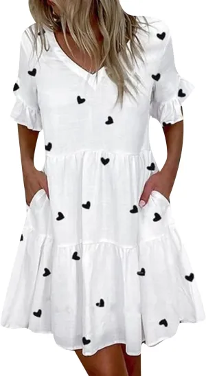 OMZIN Women's Fashion Cocktail Dress Summer V-Neck Babydoll Dresses Floral Printed Casual Dress with Pocket