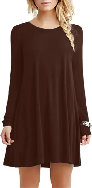 OMZIN Women's T Shirt Solid Color Dress Long Sleeve Crew Neck Dress Tunics Loose Dresses