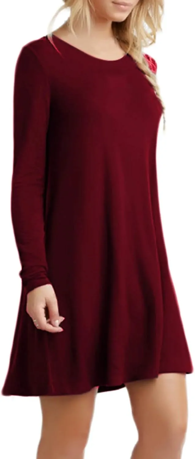 OMZIN Women's T Shirt Solid Color Dress Long Sleeve Crew Neck Dress Tunics Loose Dresses