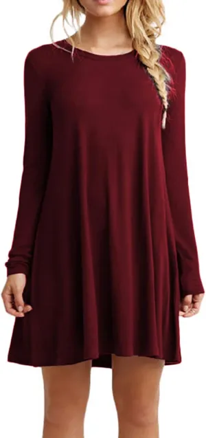 OMZIN Women's T Shirt Solid Color Dress Long Sleeve Crew Neck Dress Tunics Loose Dresses
