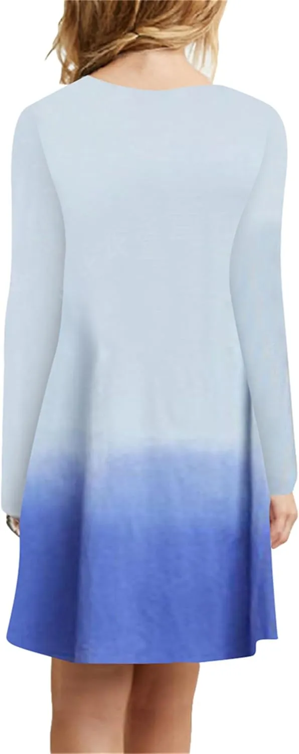 OMZIN Women's T Shirt Solid Color Dress Long Sleeve Crew Neck Dress Tunics Loose Dresses