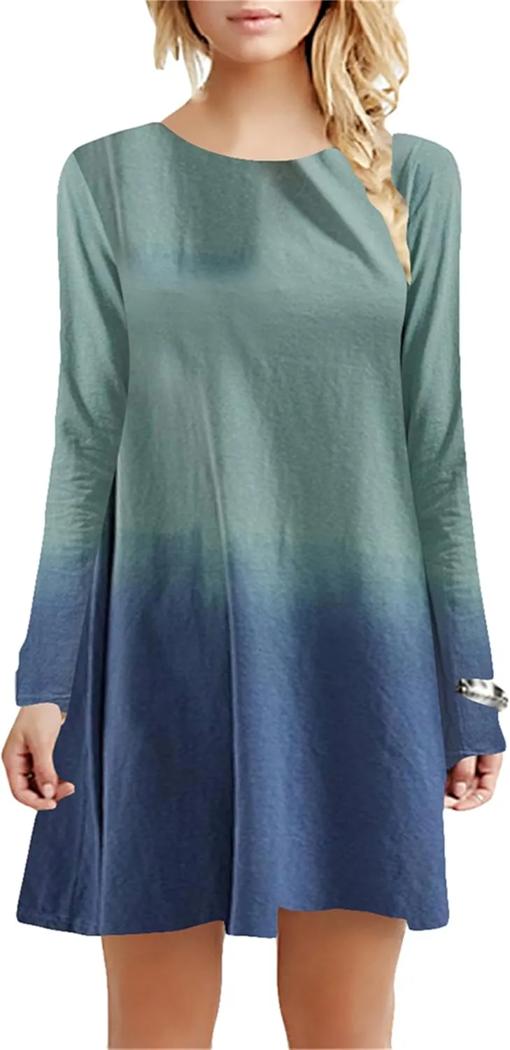 OMZIN Women's T Shirt Solid Color Dress Long Sleeve Crew Neck Dress Tunics Loose Dresses