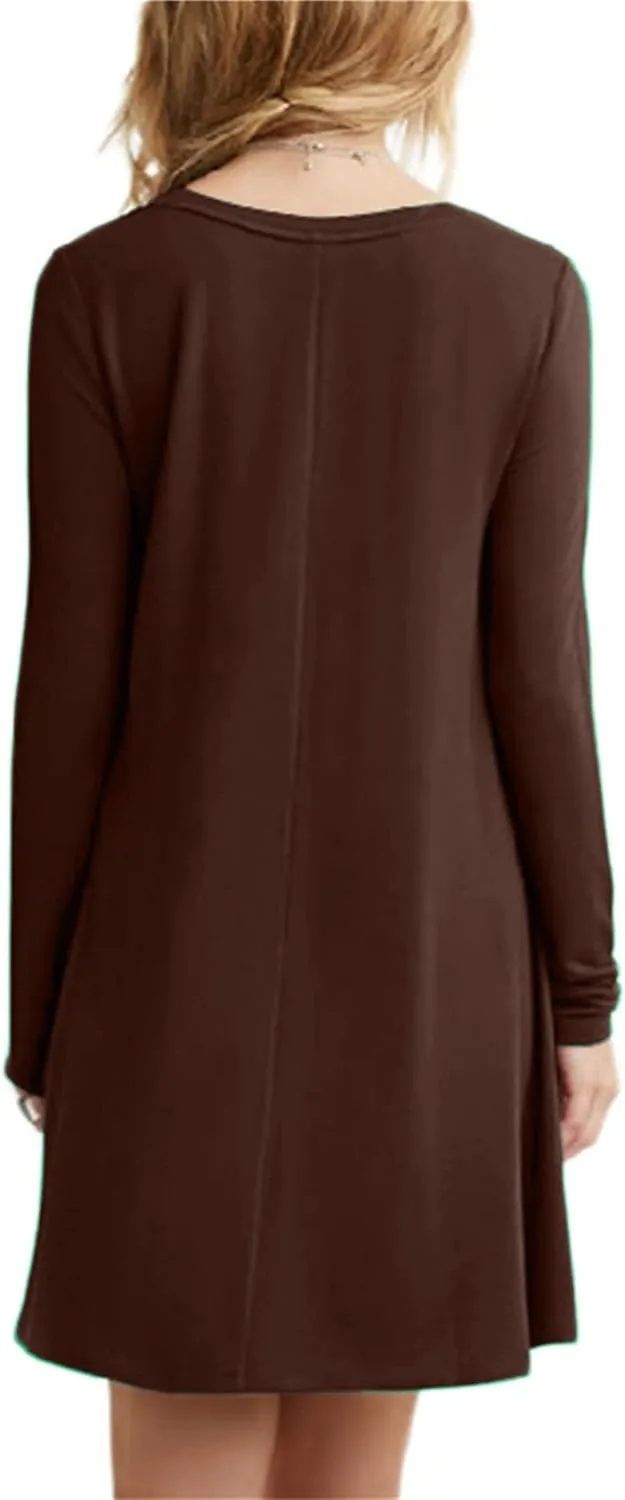 OMZIN Women's T Shirt Solid Color Dress Long Sleeve Crew Neck Dress Tunics Loose Dresses