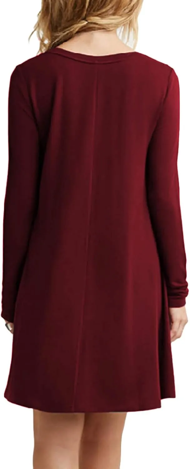 OMZIN Women's T Shirt Solid Color Dress Long Sleeve Crew Neck Dress Tunics Loose Dresses