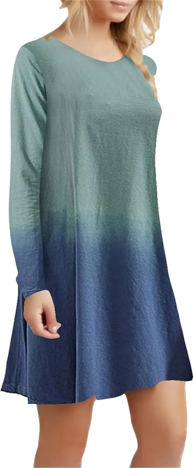 OMZIN Women's T Shirt Solid Color Dress Long Sleeve Crew Neck Dress Tunics Loose Dresses