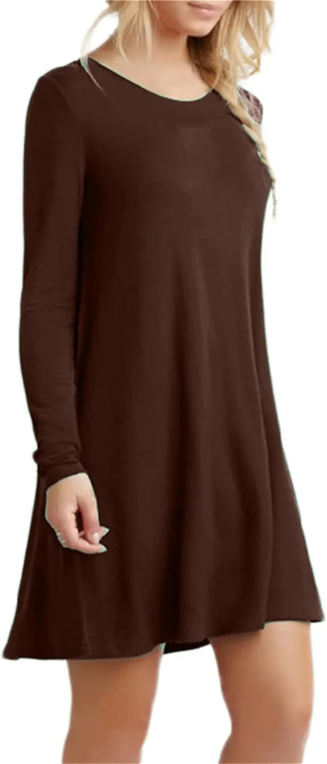 OMZIN Women's T Shirt Solid Color Dress Long Sleeve Crew Neck Dress Tunics Loose Dresses
