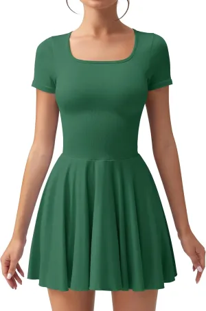 OQQ Women's Square Neck Ruffle Hem Mini Dress Summer Short Sleeve with Shorts Party Dresses