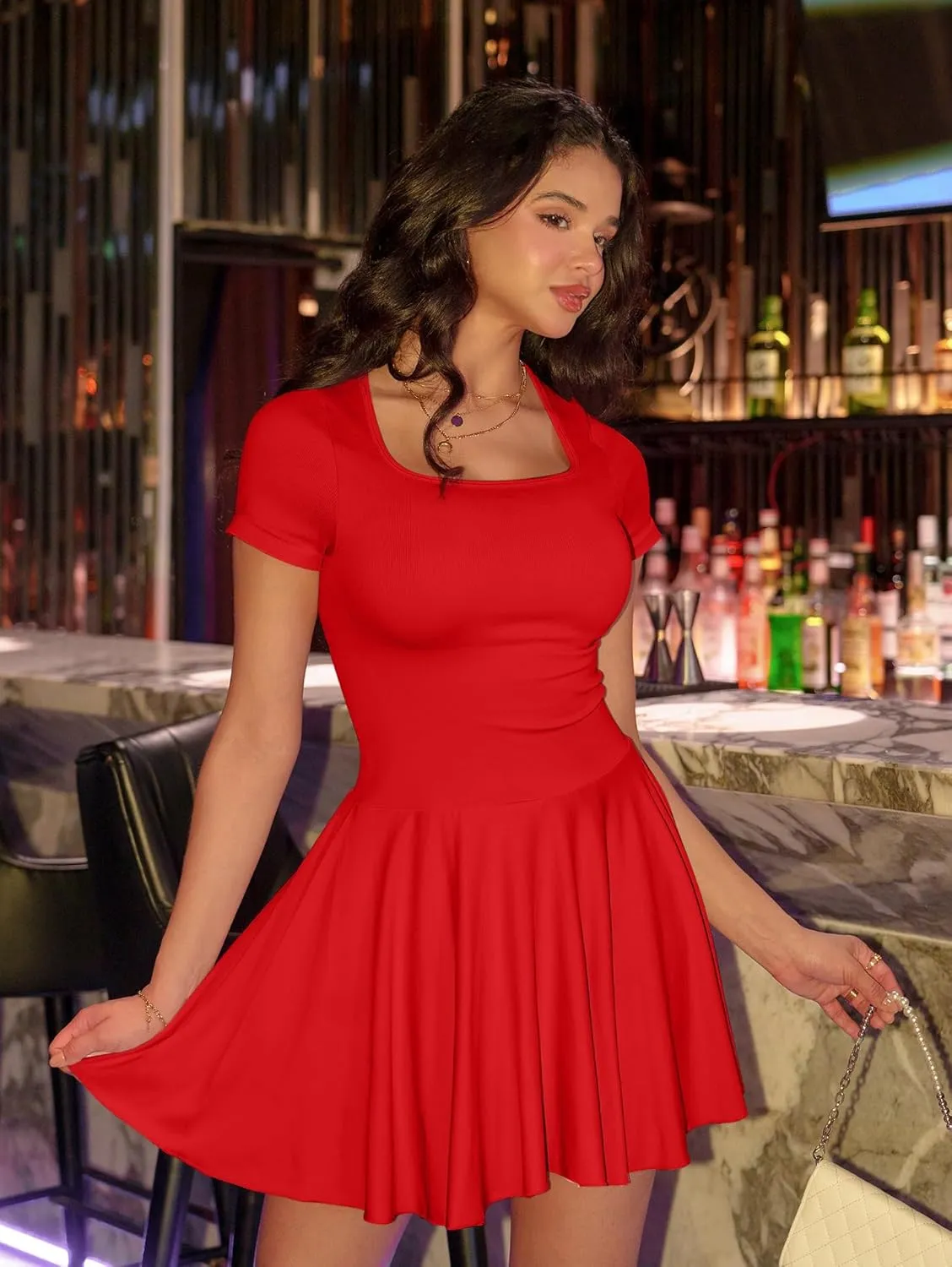 OQQ Women's Square Neck Ruffle Hem Mini Dress Summer Short Sleeve with Shorts Party Dresses
