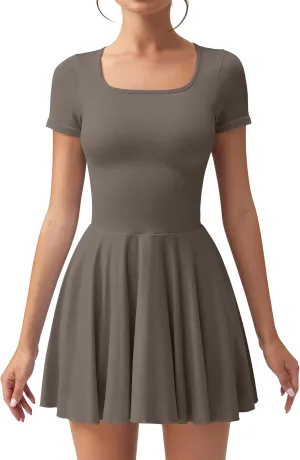 OQQ Women's Square Neck Ruffle Hem Mini Dress Summer Short Sleeve with Shorts Party Dresses
