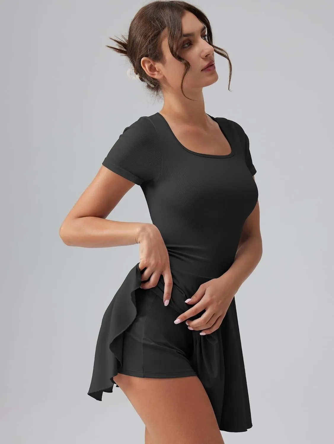OQQ Women's Square Neck Ruffle Hem Mini Dress Summer Short Sleeve with Shorts Party Dresses