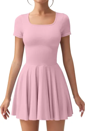 OQQ Women's Square Neck Ruffle Hem Mini Dress Summer Short Sleeve with Shorts Party Dresses