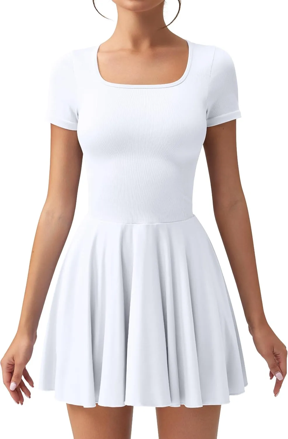 OQQ Women's Square Neck Ruffle Hem Mini Dress Summer Short Sleeve with Shorts Party Dresses