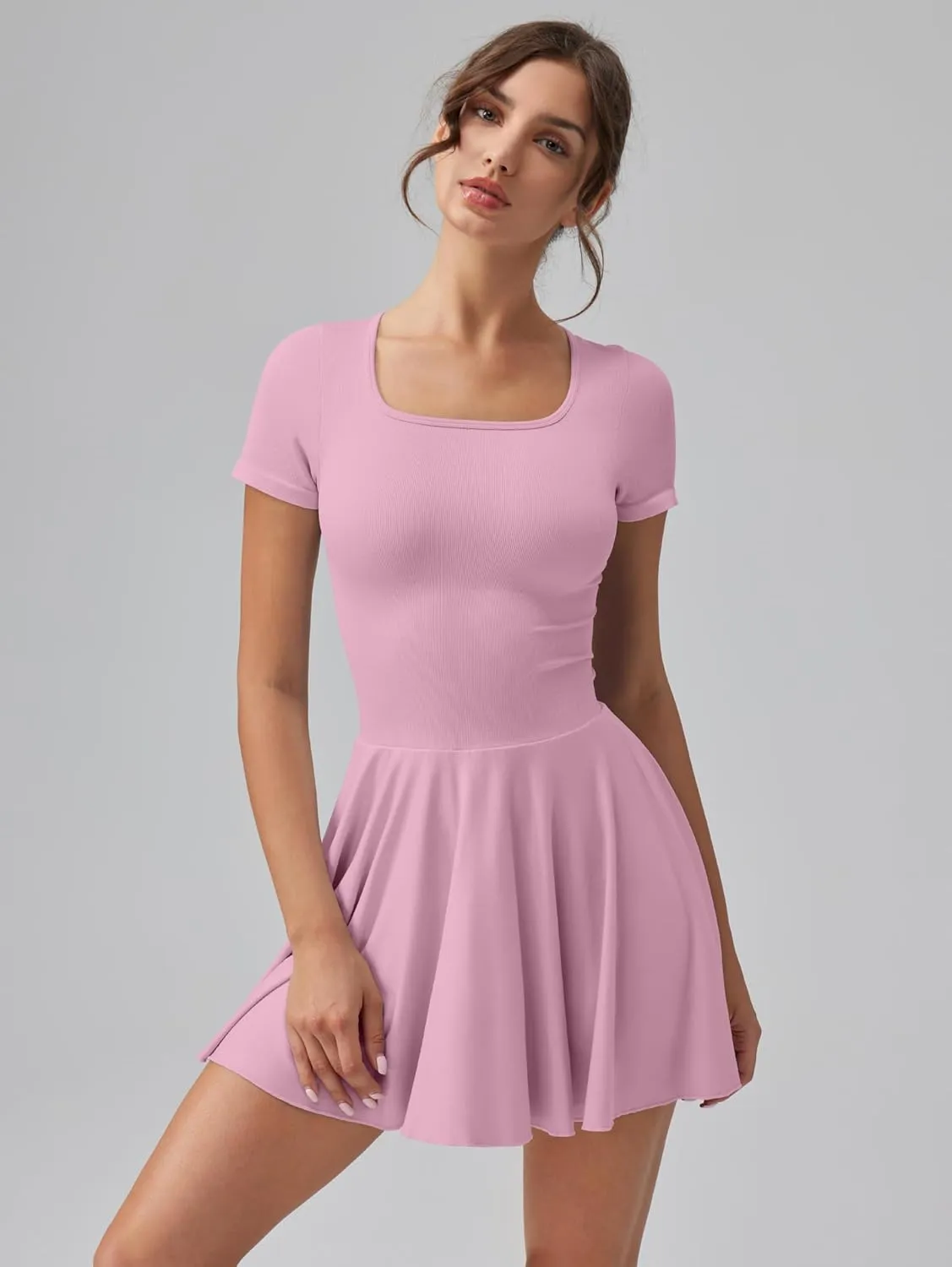 OQQ Women's Square Neck Ruffle Hem Mini Dress Summer Short Sleeve with Shorts Party Dresses
