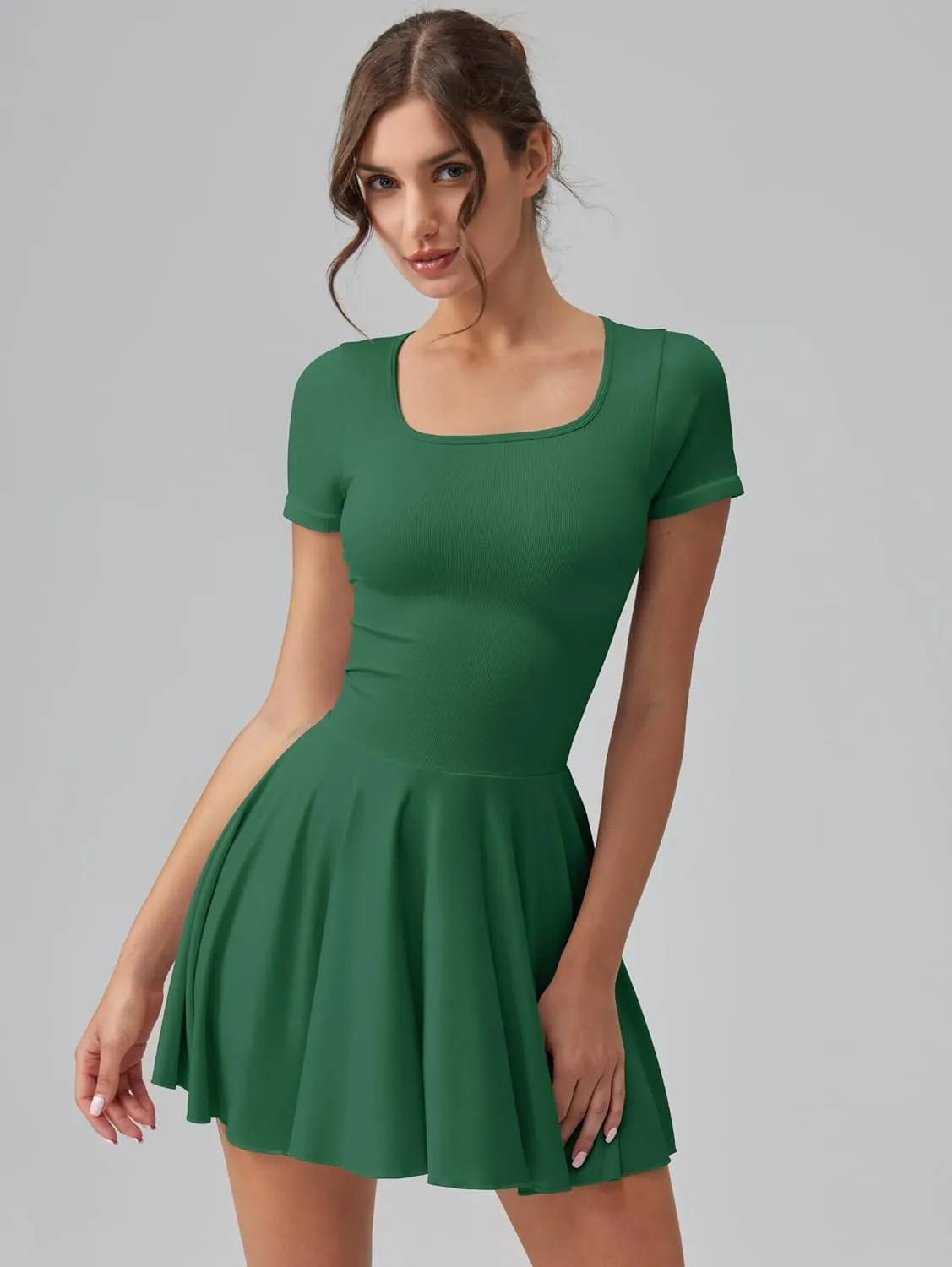 OQQ Women's Square Neck Ruffle Hem Mini Dress Summer Short Sleeve with Shorts Party Dresses