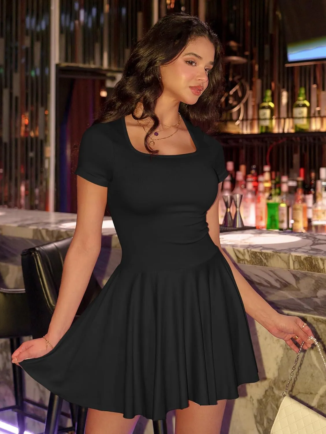OQQ Women's Square Neck Ruffle Hem Mini Dress Summer Short Sleeve with Shorts Party Dresses