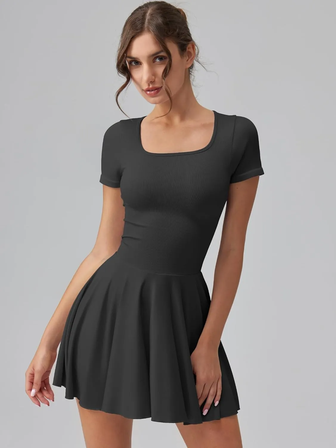 OQQ Women's Square Neck Ruffle Hem Mini Dress Summer Short Sleeve with Shorts Party Dresses