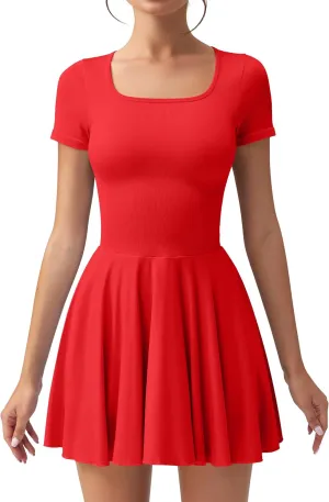 OQQ Women's Square Neck Ruffle Hem Mini Dress Summer Short Sleeve with Shorts Party Dresses