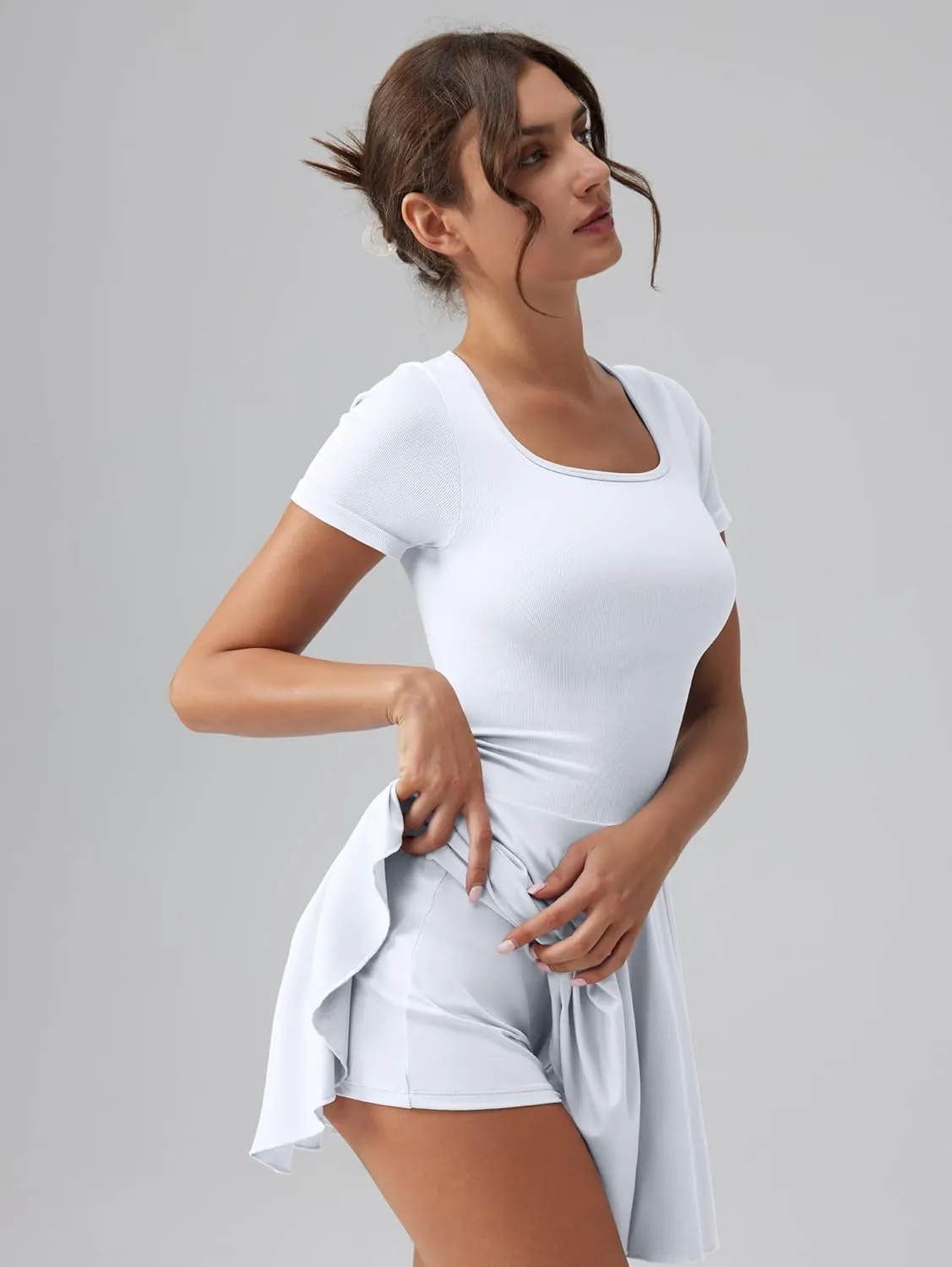 OQQ Women's Square Neck Ruffle Hem Mini Dress Summer Short Sleeve with Shorts Party Dresses