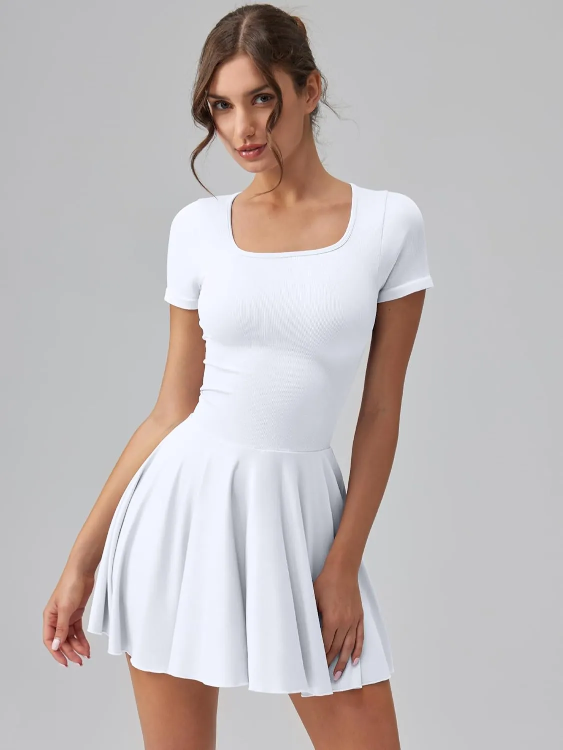 OQQ Women's Square Neck Ruffle Hem Mini Dress Summer Short Sleeve with Shorts Party Dresses