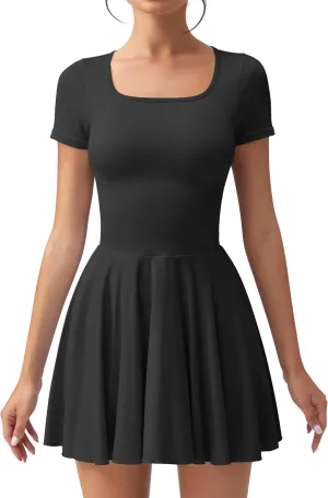 OQQ Women's Square Neck Ruffle Hem Mini Dress Summer Short Sleeve with Shorts Party Dresses