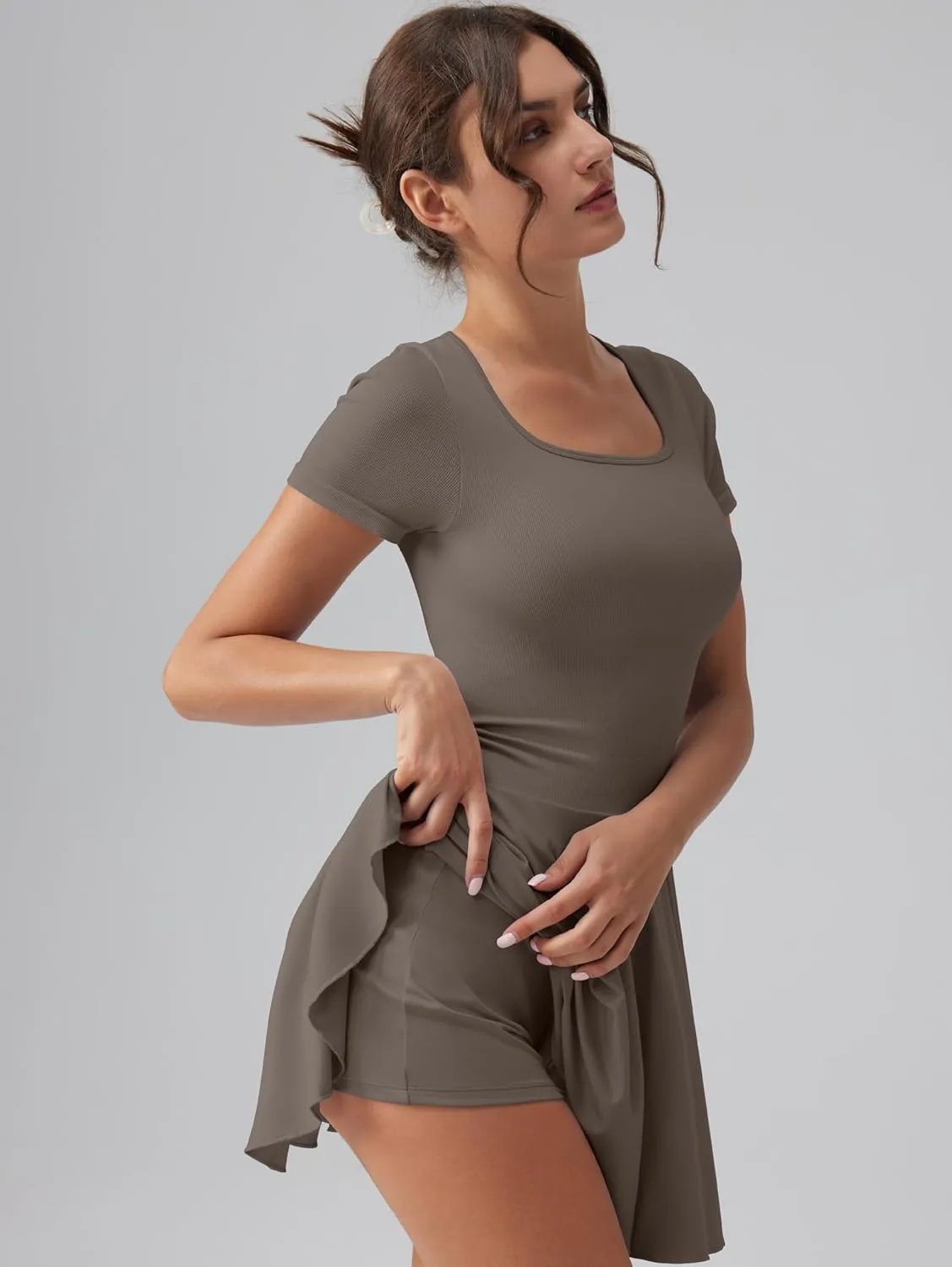 OQQ Women's Square Neck Ruffle Hem Mini Dress Summer Short Sleeve with Shorts Party Dresses
