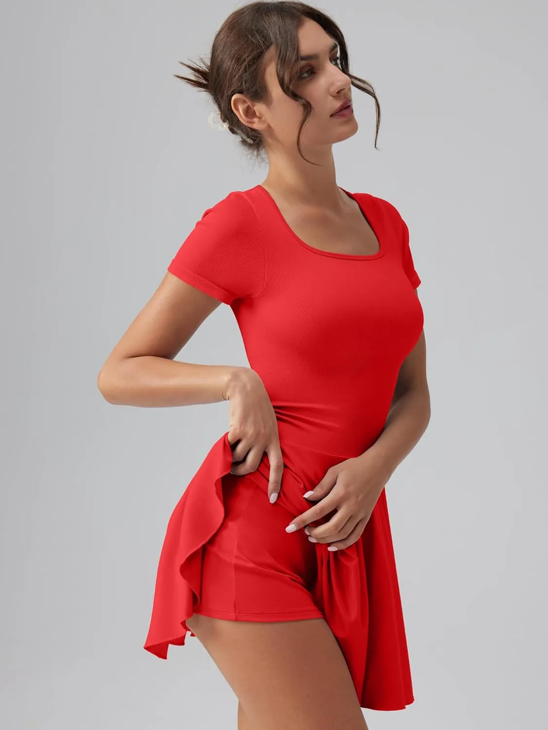 OQQ Women's Square Neck Ruffle Hem Mini Dress Summer Short Sleeve with Shorts Party Dresses