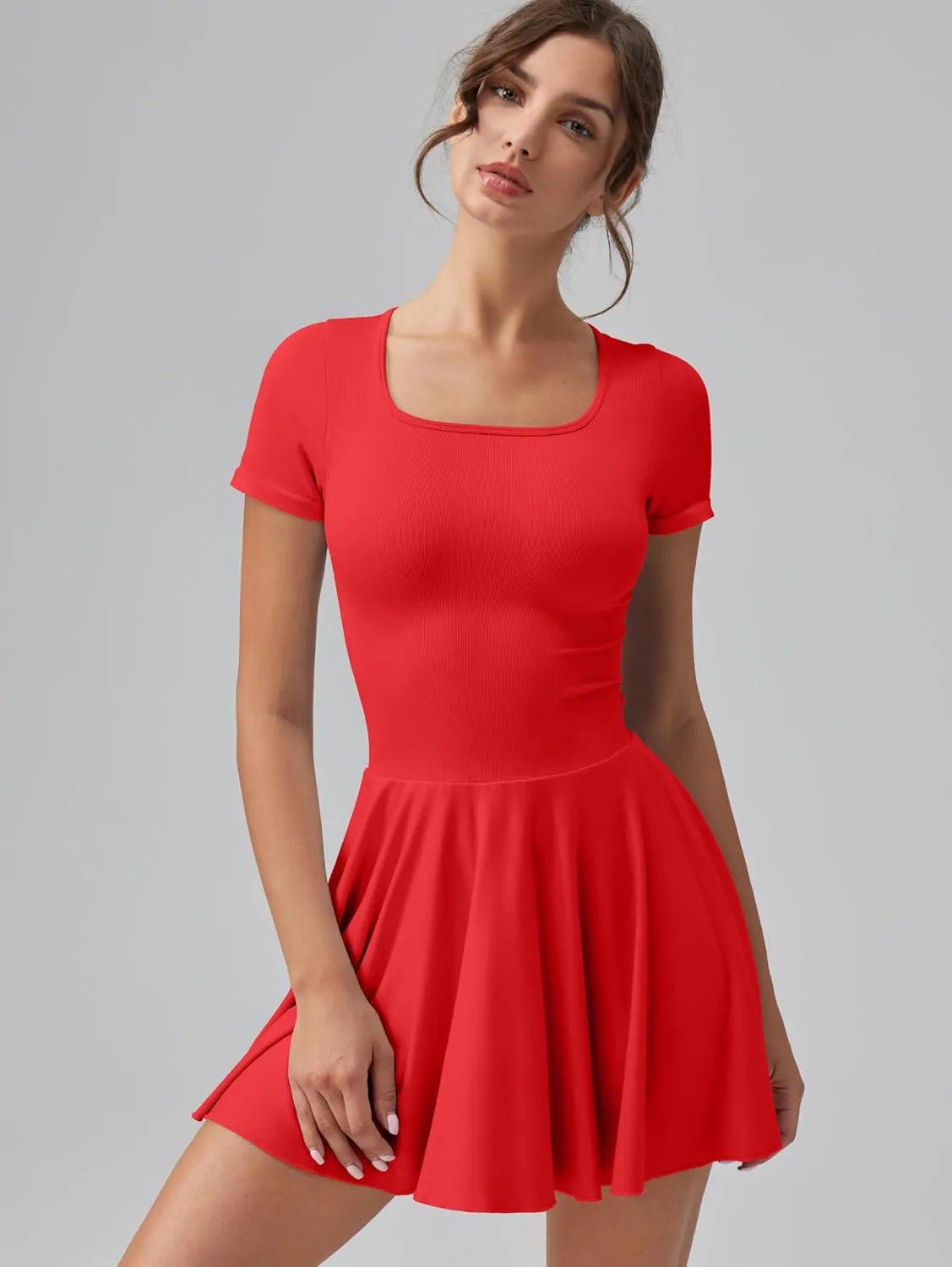 OQQ Women's Square Neck Ruffle Hem Mini Dress Summer Short Sleeve with Shorts Party Dresses