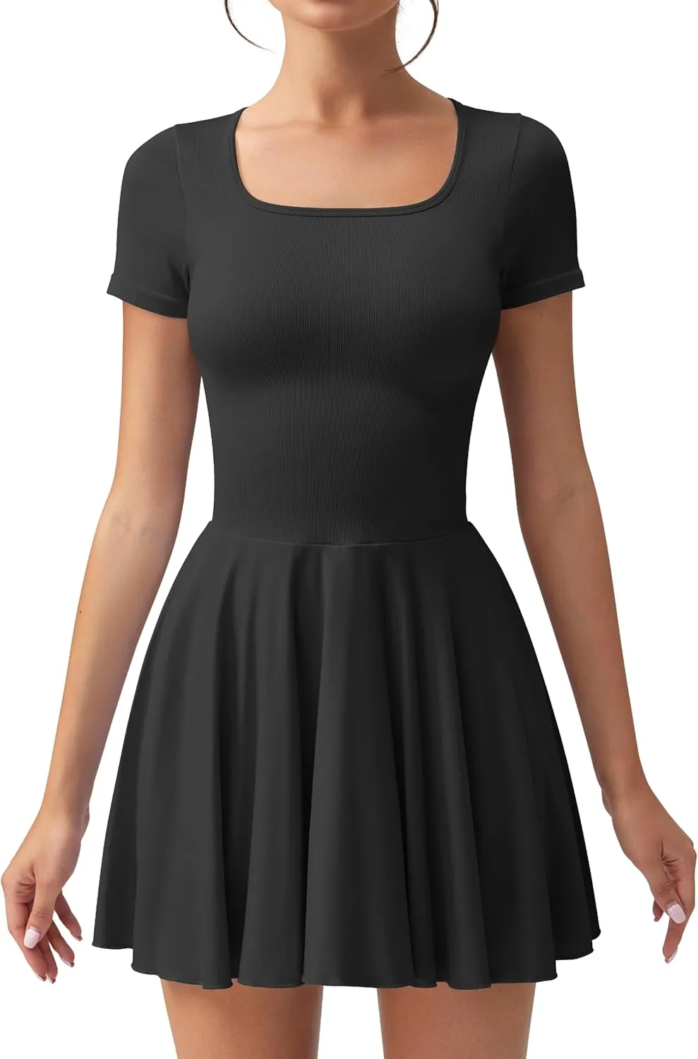 OQQ Women's Square Neck Ruffle Hem Mini Dress Summer Short Sleeve with Shorts Party Dresses