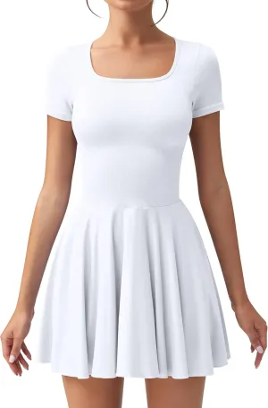 OQQ Women's Square Neck Ruffle Hem Mini Dress Summer Short Sleeve with Shorts Party Dresses