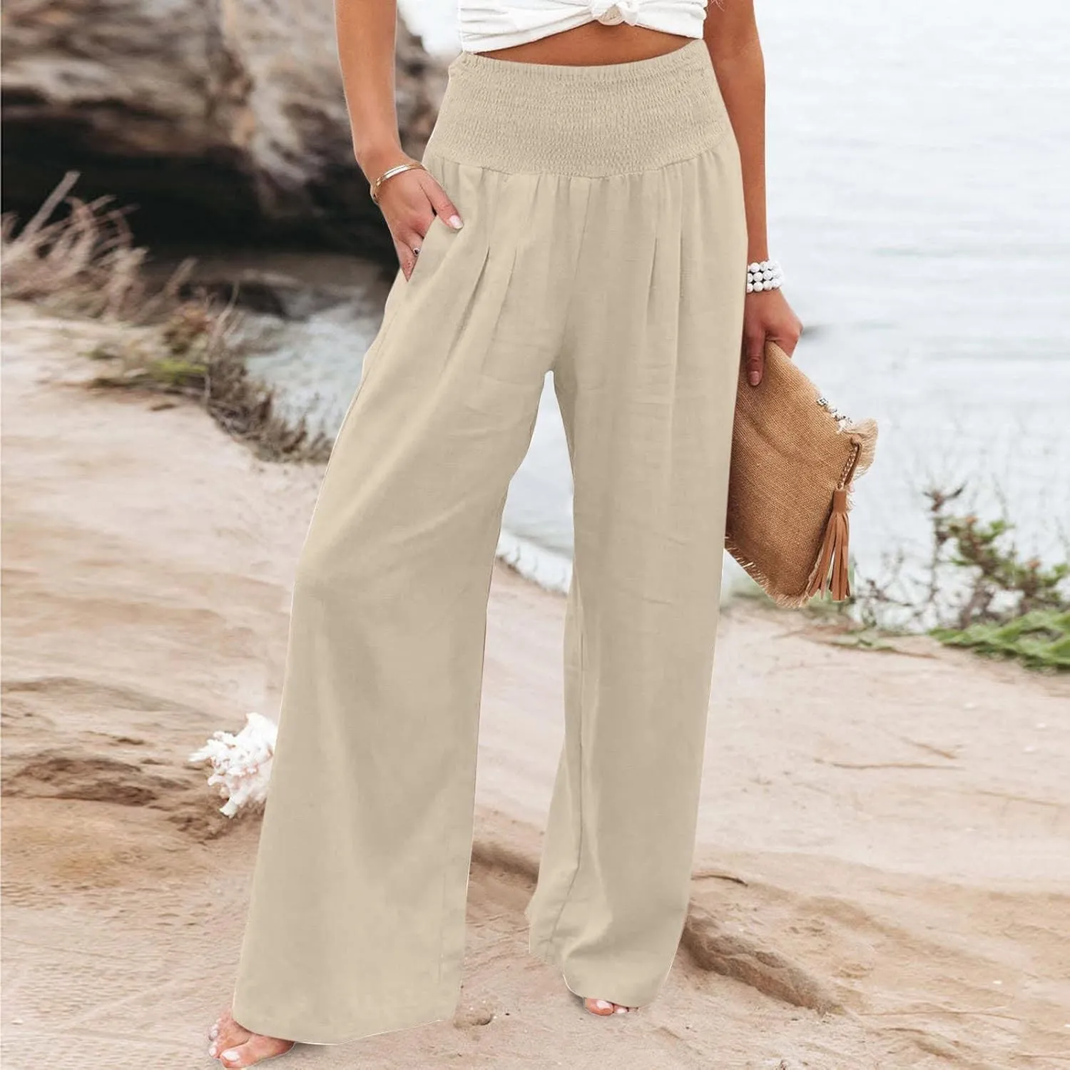 Palazzo Pants for Women Cotton Linen Elastic High Waist Wide Leg Pant Summer Relax Trousers with Pockets