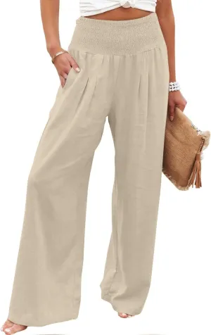 Palazzo Pants for Women Cotton Linen Elastic High Waist Wide Leg Pant Summer Relax Trousers with Pockets