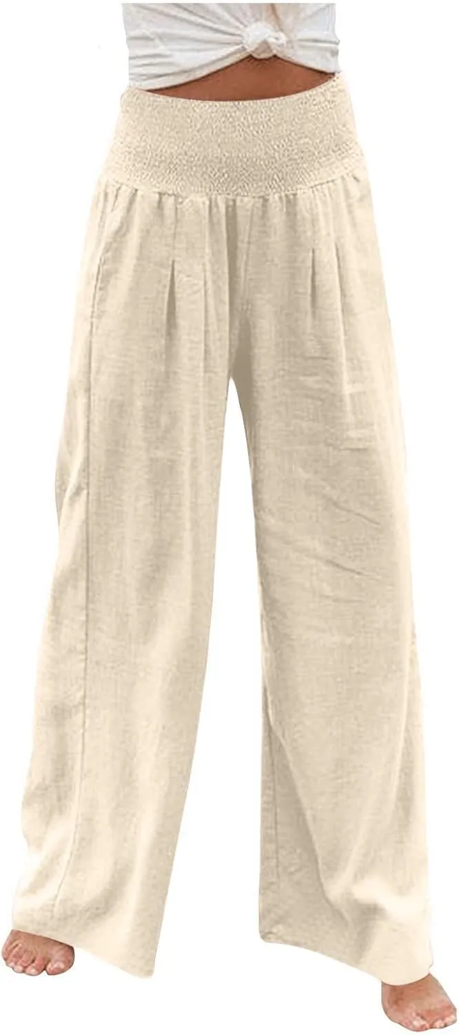 Palazzo Pants for Women Cotton Linen Elastic High Waist Wide Leg Pant Summer Relax Trousers with Pockets