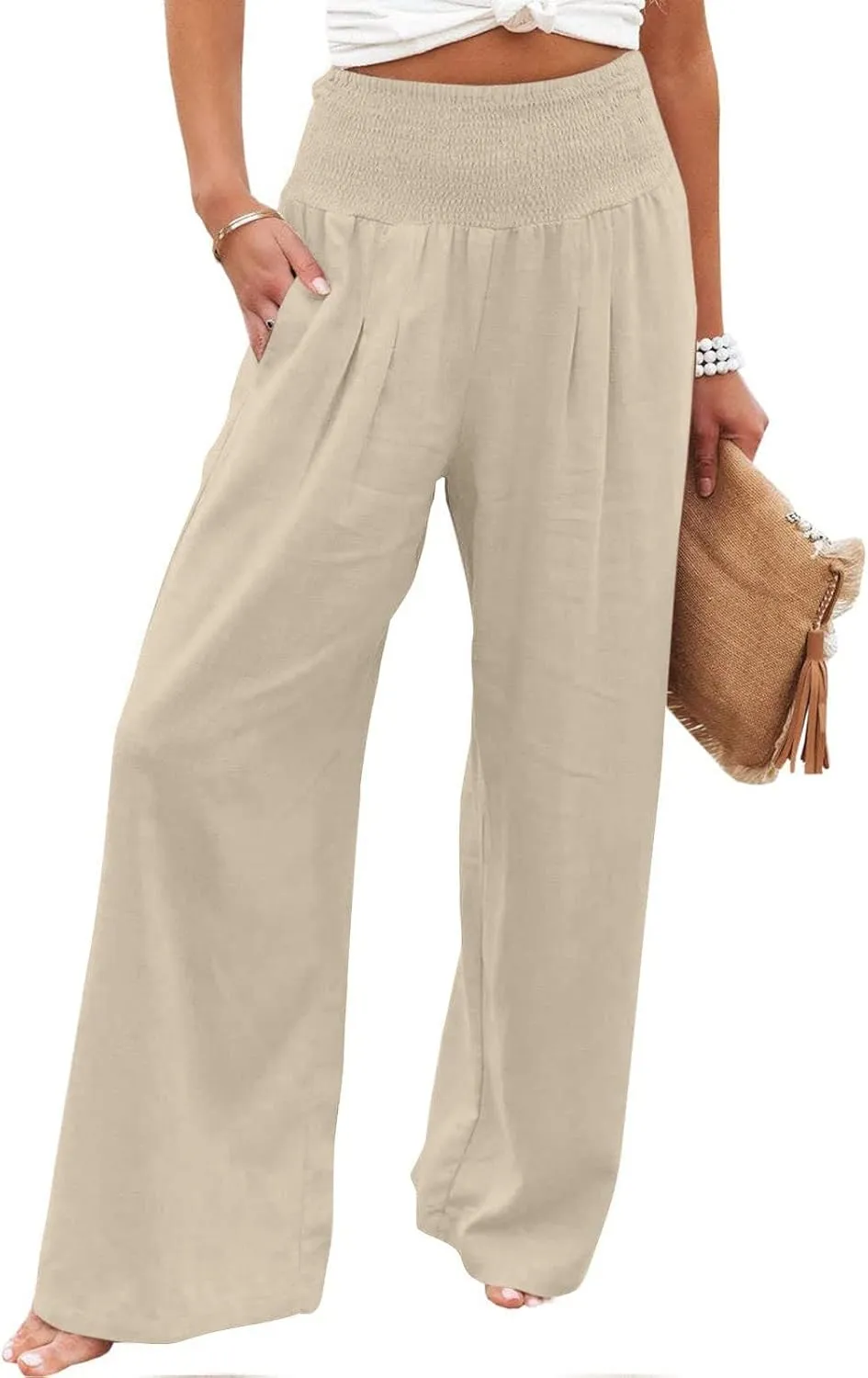 Palazzo Pants for Women Cotton Linen Elastic High Waist Wide Leg Pant Summer Relax Trousers with Pockets