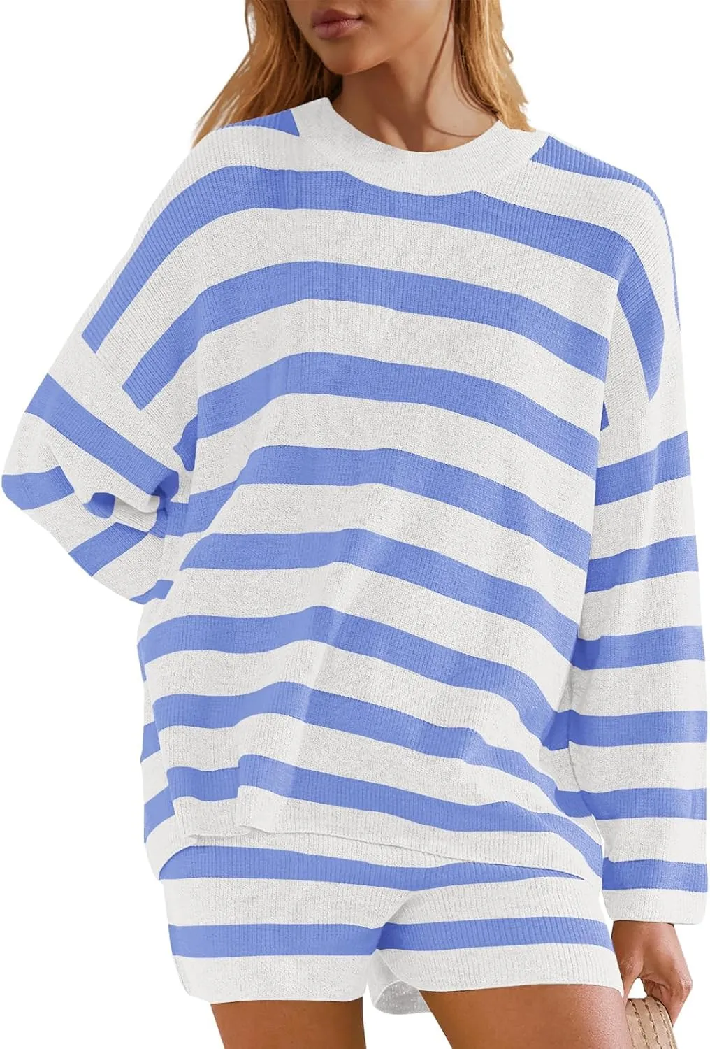 Panadila Womens Striped Sweater Set Oversized Lounge Sets Matching Pajamas Long Sleeve Sweater Top and Shorts