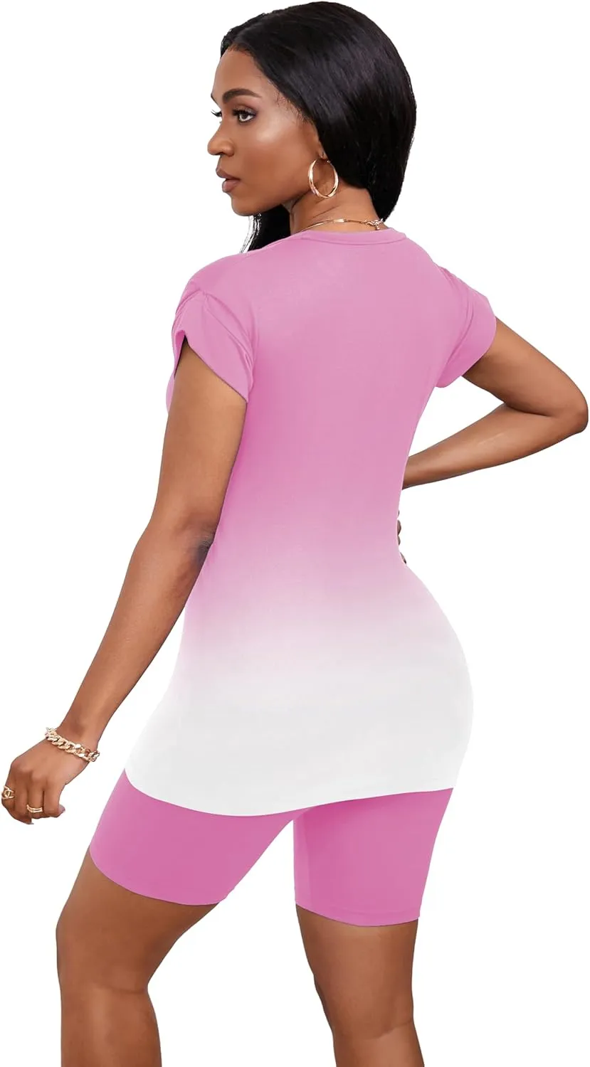 PINSV Women 2 Piece Outfits Summer Sweatsuits Biker Short Workout Jogger Sets