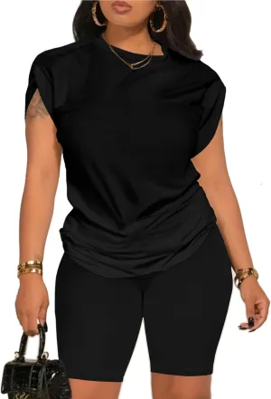 PINSV Women 2 Piece Outfits Summer Sweatsuits Biker Short Workout Jogger Sets