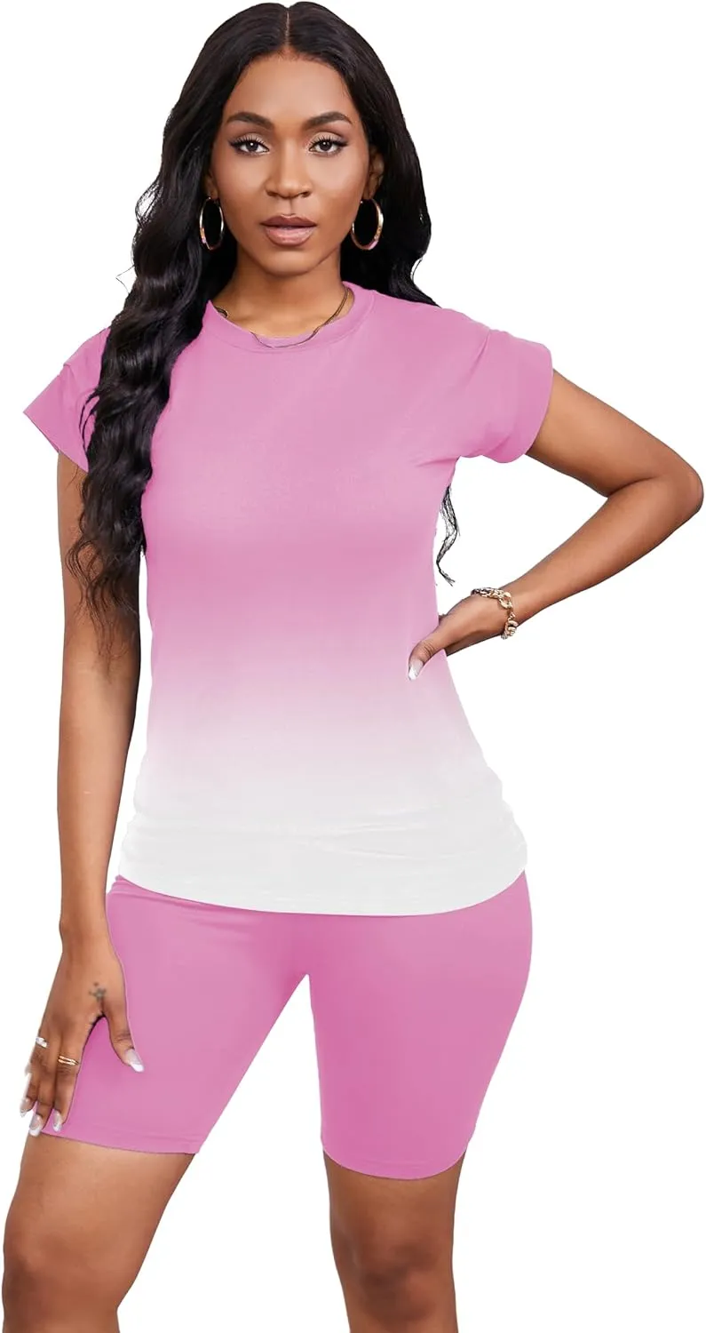 PINSV Women 2 Piece Outfits Summer Sweatsuits Biker Short Workout Jogger Sets